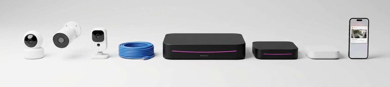 A Watchful setup in a row: three security cameras, a network cable, the Watchful Box, the Extender, a router and a phone showing an alert.