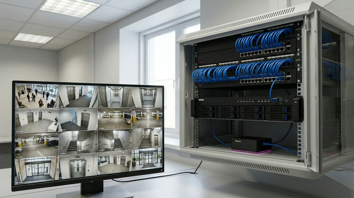 A residential tower's technical room: the existing switches and recorder in a rack, the Watchful Box on its shelf with one cable to a free switch port, and a monitor showing 16 cameras.