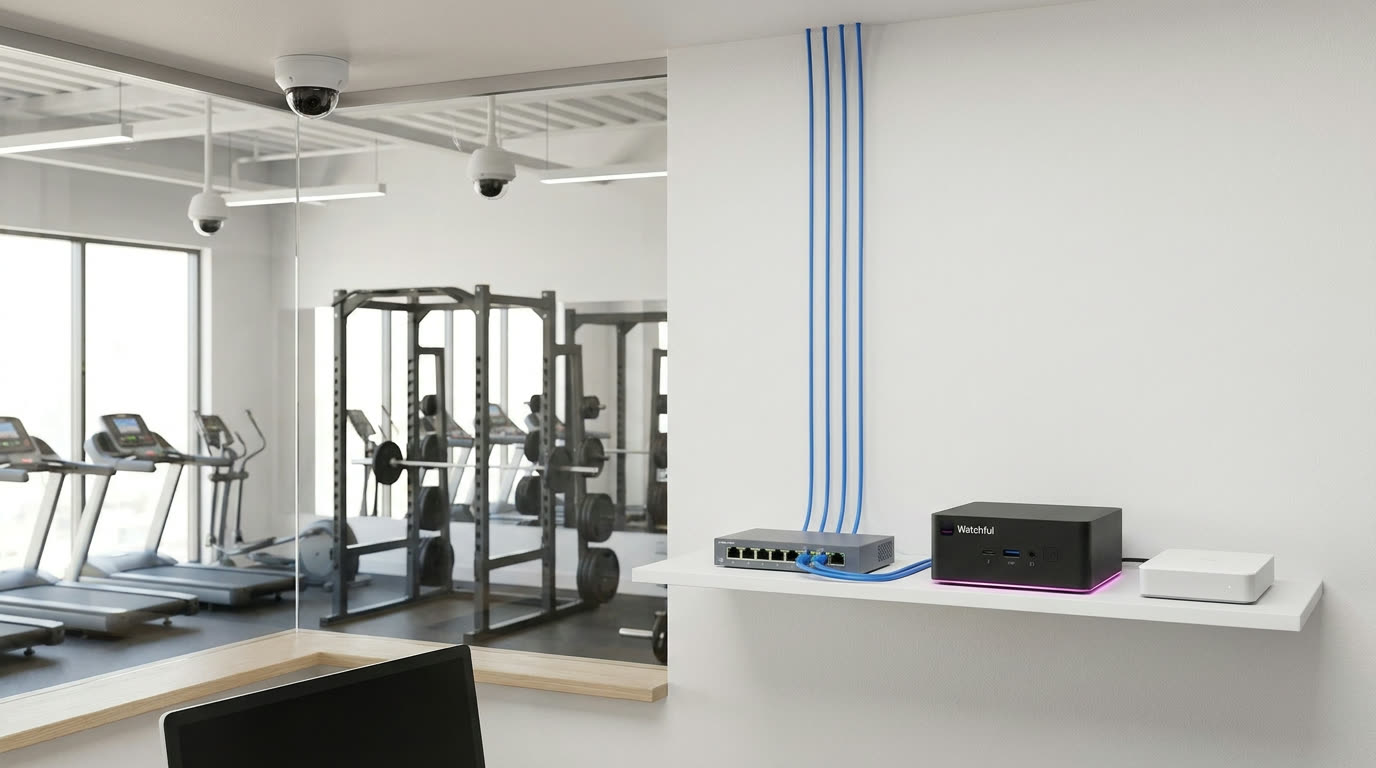 A small gym's office shelf: four camera cables run up the wall to a PoE switch, one cable goes to the Watchful Box, and the 10 TB drive sits beside it.