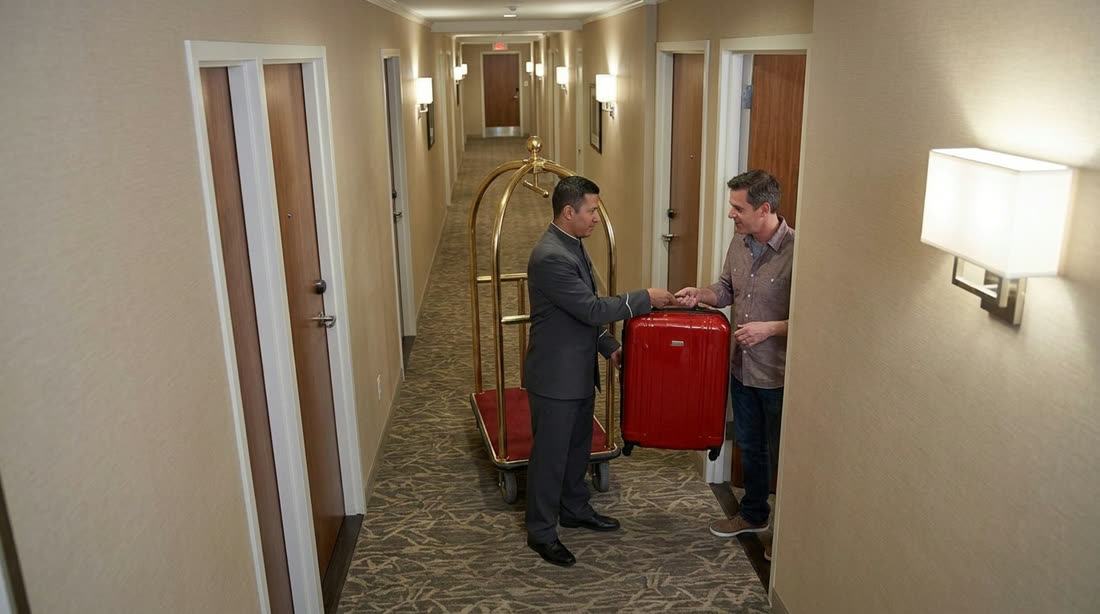 On the sixth floor, the porter hands the red suitcase to the guest at the room door.