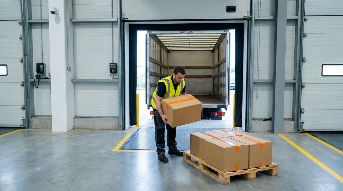 At the loading dock, a worker in a hi-vis vest lifts a box with orange tape off a freshly unloaded pallet.