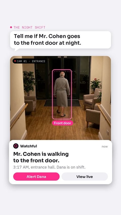 Watchful card on a phone: Mr. Cohen is walking to the front door at 3:17 AM, with the camera view of the entrance hall.