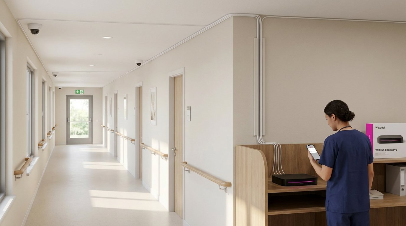 A care home corridor with ceiling cameras; their cables run along the ceiling into the nurses' station, where the Watchful Box Pro sits on a shelf with its magenta light on, and a carer reads an alert on her phone.