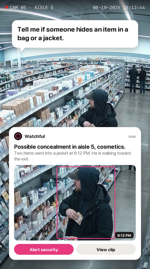 Tell me if someone hides an item in a bag or a jacket. Alert: possible concealment in aisle 5.