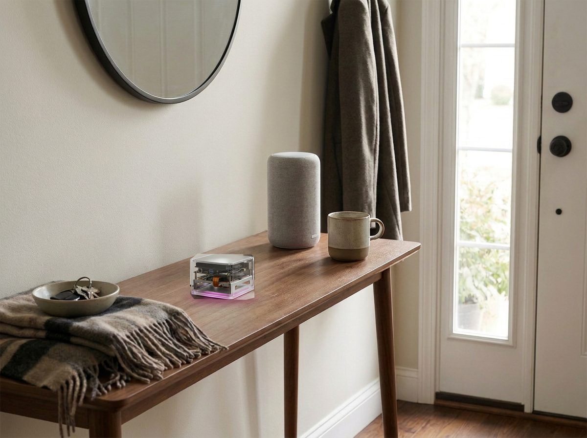 The glass box on a slim console table by the front door, beside a bowl of keys, a mug and a small fabric smart speaker.
