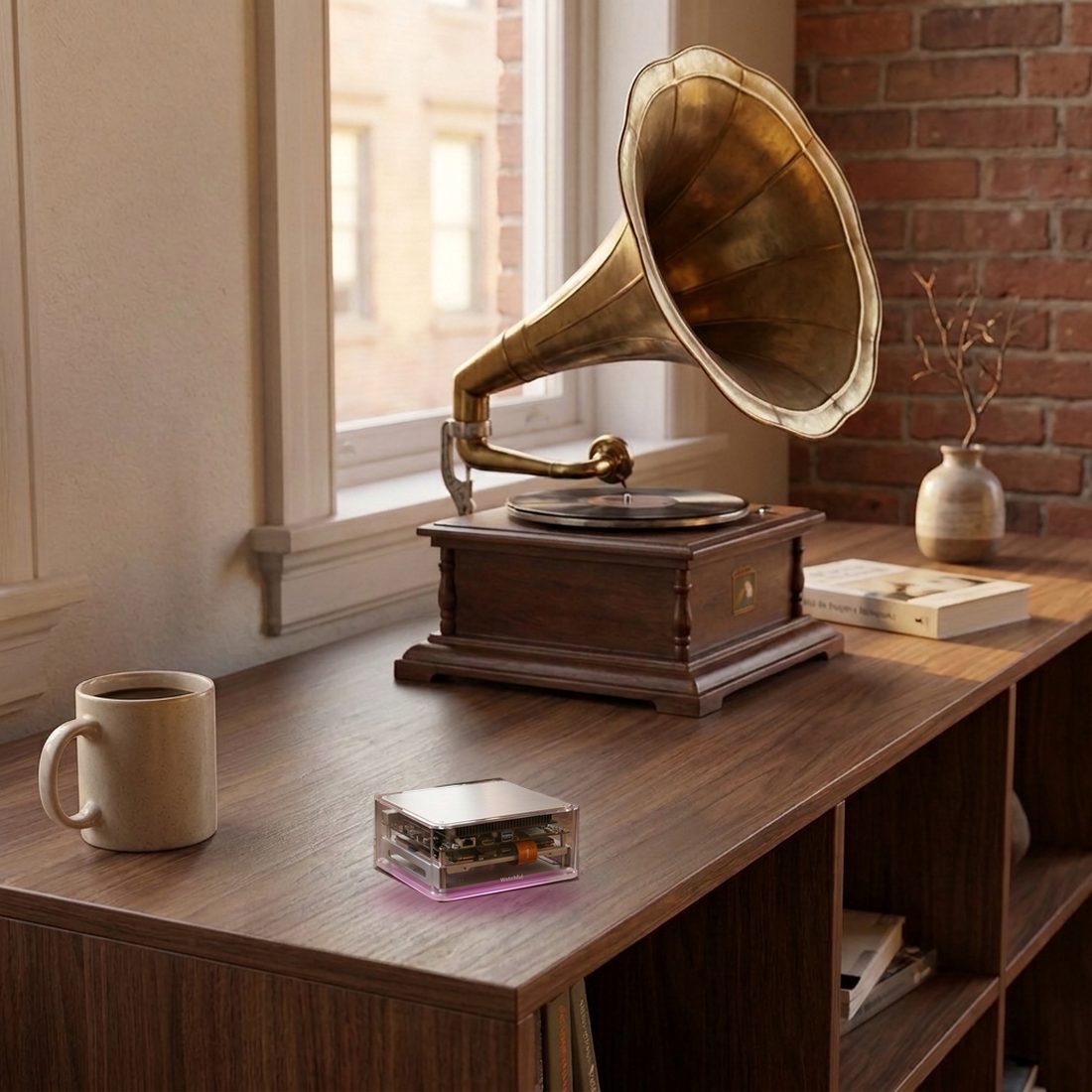 Watchful at home: a small clear glass box with the computer inside and a soft pink light under it, on a walnut shelf beside a brass gramophone in a brick-walled apartment