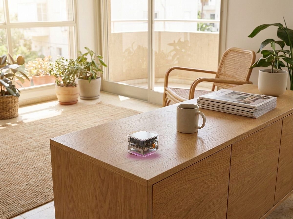 The glass box on an oak sideboard in a bright white apartment with a round balcony window and plants.